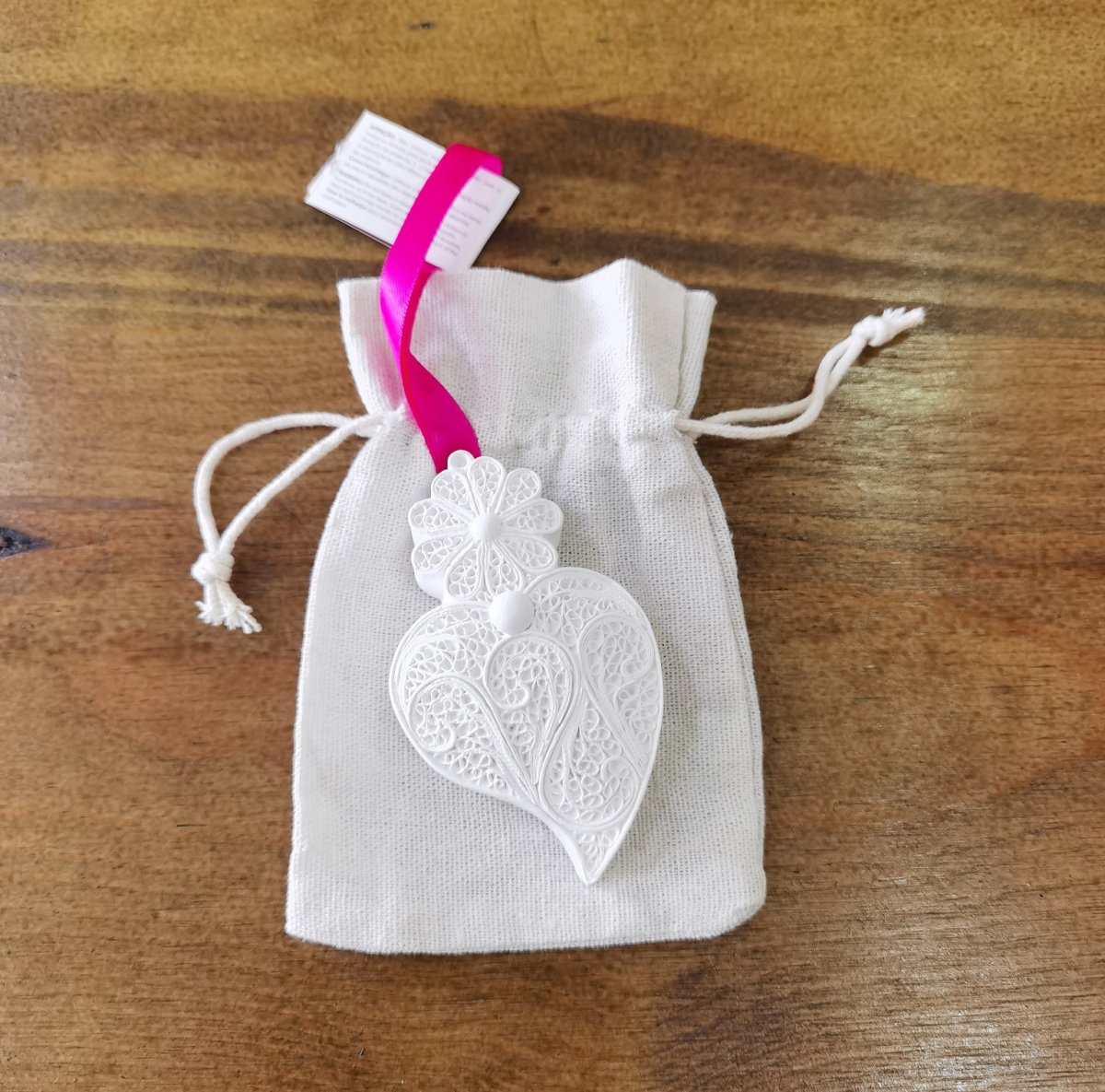 Coração grande Branco fita Rosa Saco Linho: Jasmim - Image 2