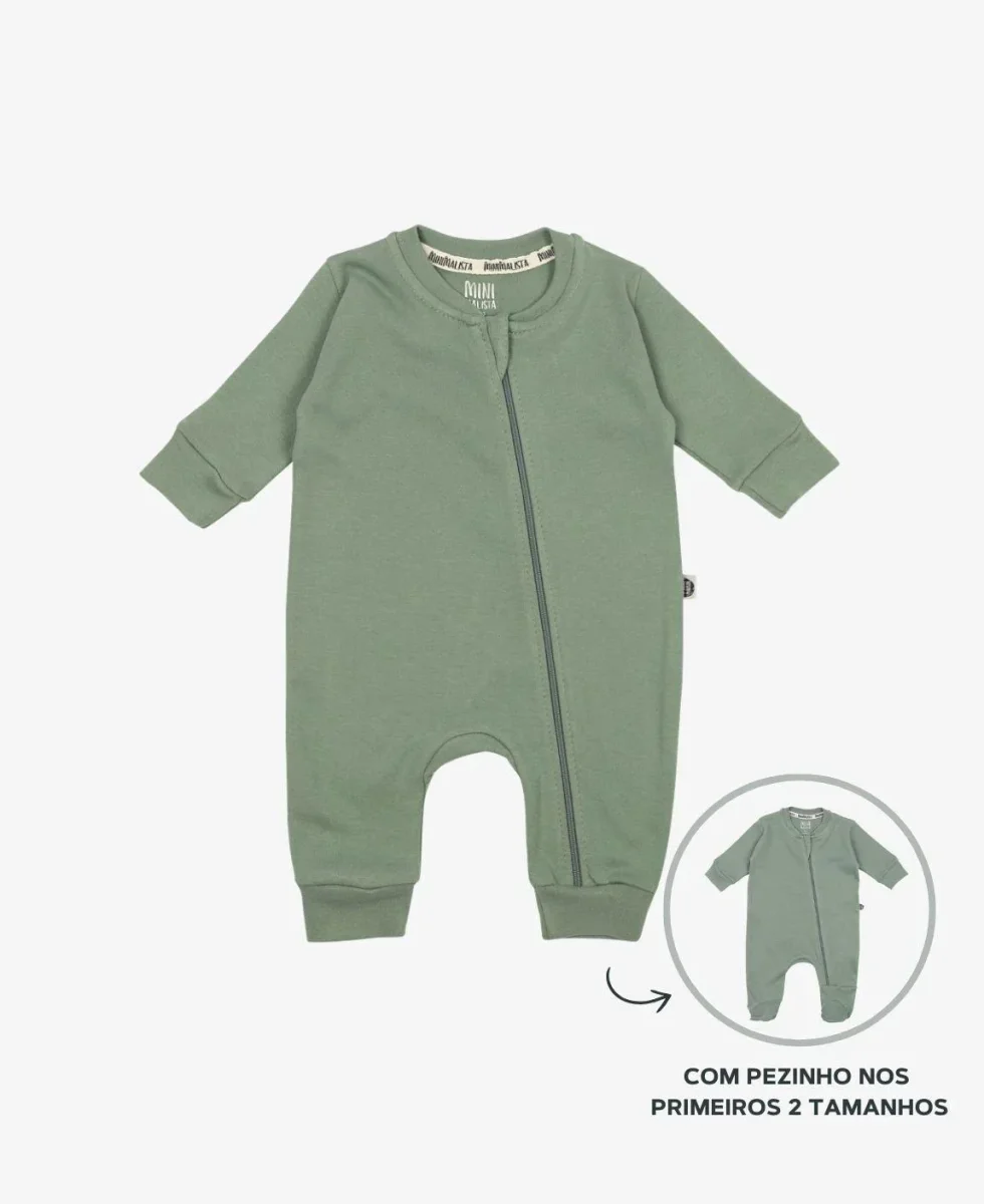 Macacão de Bebê Ziper com opção de Pezinho | Liso Sage - Image 2