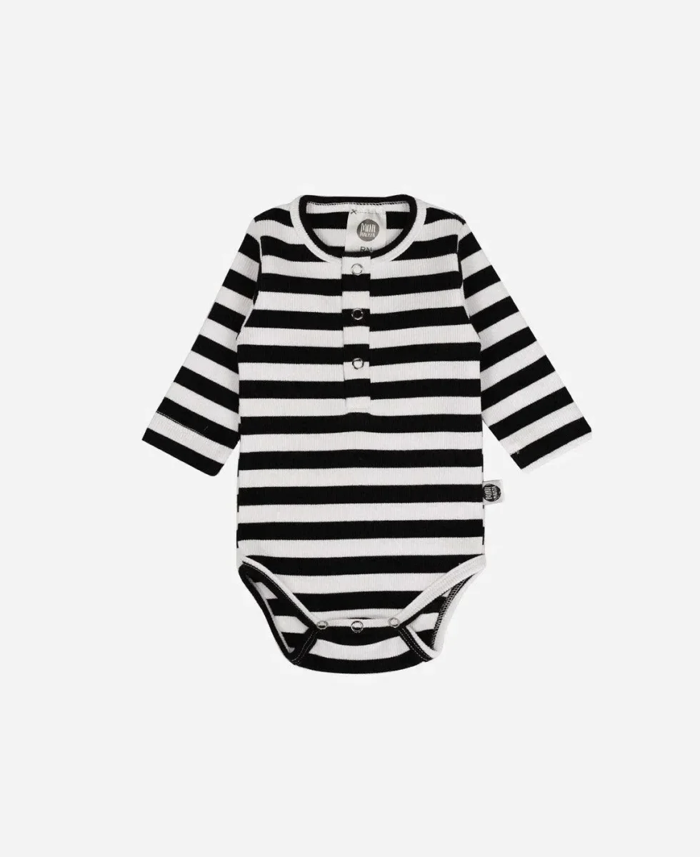 Body de Bebê Manga Longa Unissex Canelado Botões | Listras Preto e Branco - Image 2