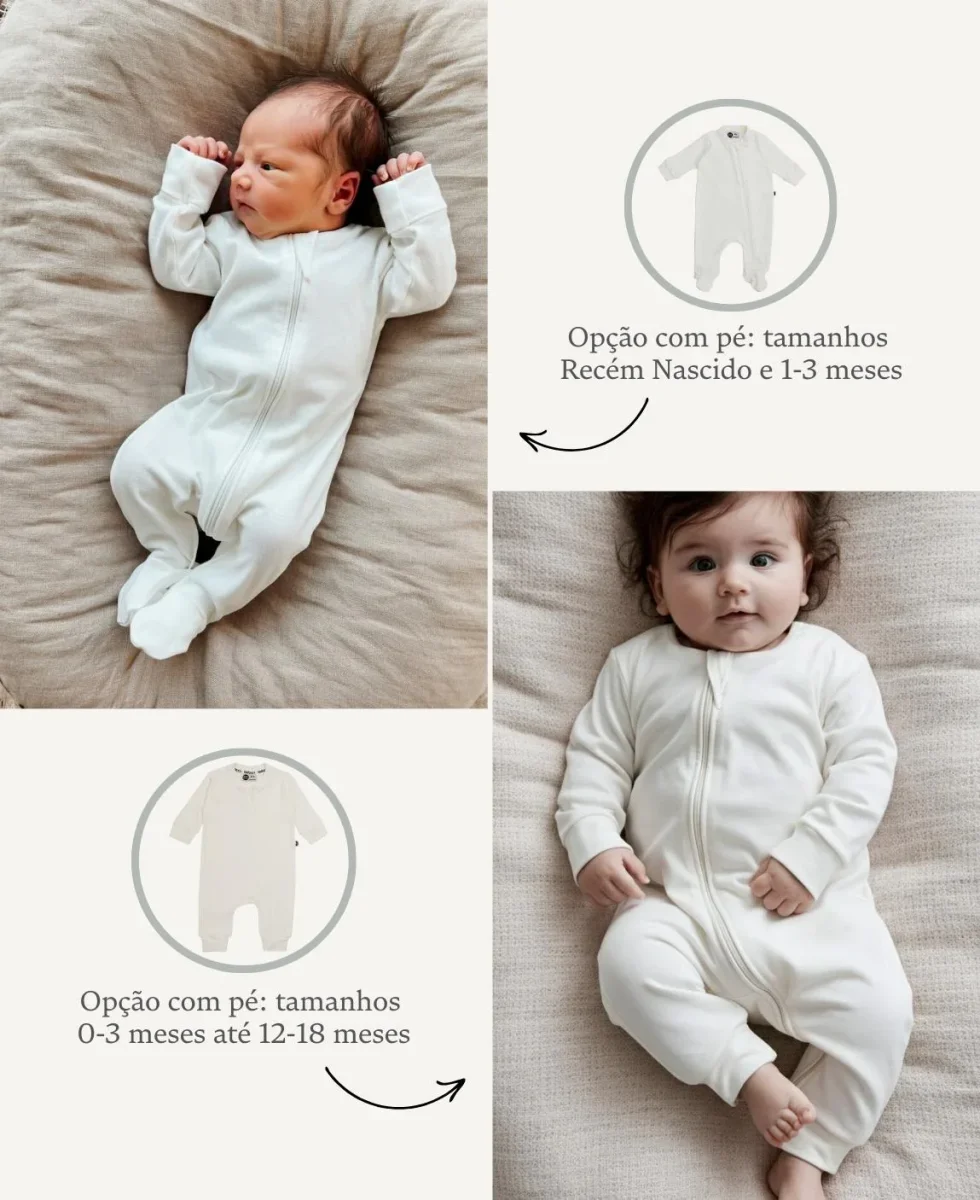 Macacão de Bebê Ziper com opção de Pezinho | Liso Branco Off - Image 3