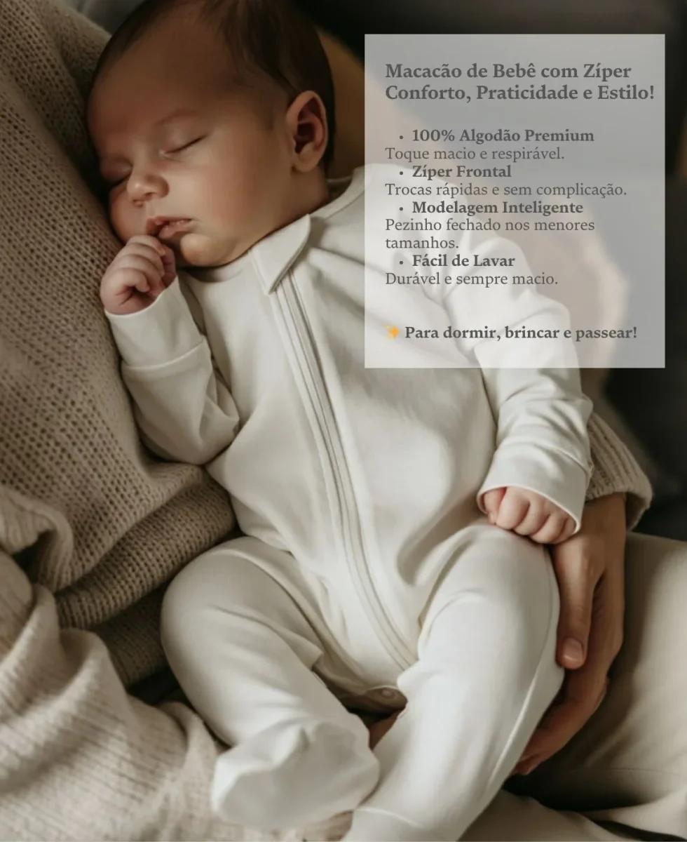 Macacão de Bebê Ziper com opção de Pezinho | Liso Branco Off - Image 4